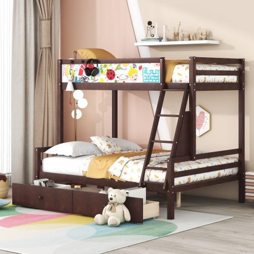 Wood Twin Over Full Bunk Bed With Whiteboard, 3 Hooks And 2 Drawers