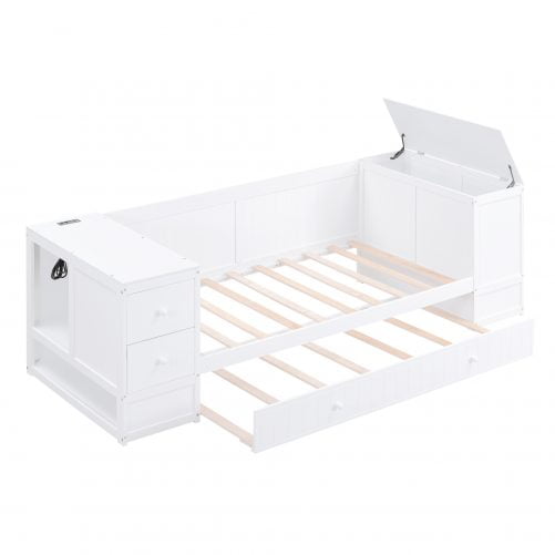 Twin Size Daybed with Storage Arms, Trundle and Charging Station