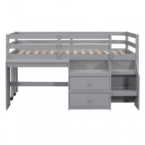 Twin Size Loft Bed With Desk, Drawers, and Lateral Portable Desk