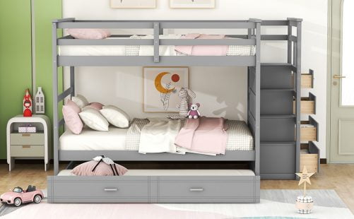 Full Over Full Bunk Beds With Twin Size Trundle And Staircase