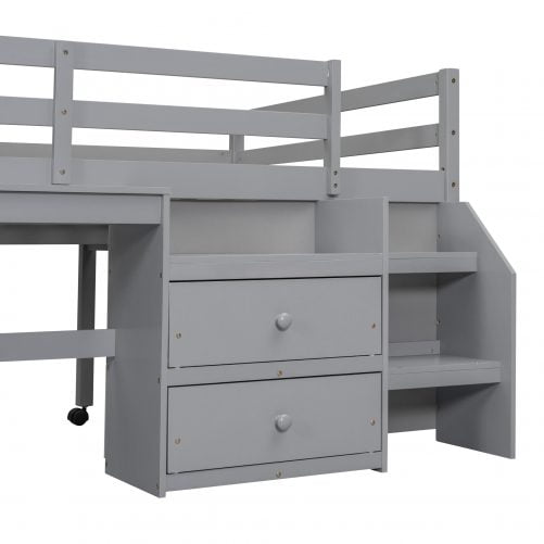Full Size Loft Bed With Desk, Drawers, and Lateral Portable Desk