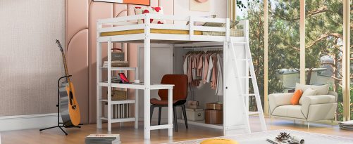 Full Size Loft Bed With Wardrobe, Desk And Shelves