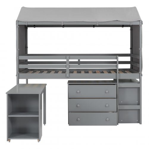 Twin Size Loft Bed With Rolling Cabinet, Shelf And Tent