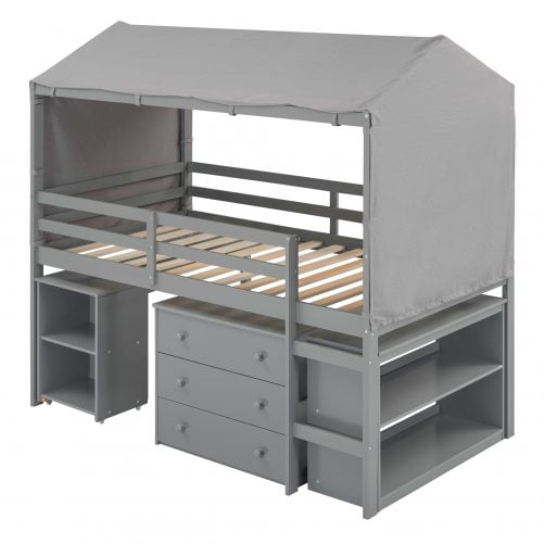 Twin Size Loft Bed With Rolling Cabinet, Shelf And Tent
