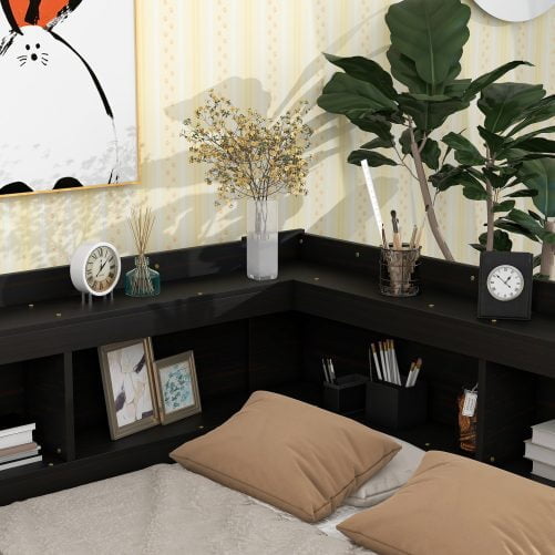 Full Size Daybed With L-Shaped Bookcases and Drawers