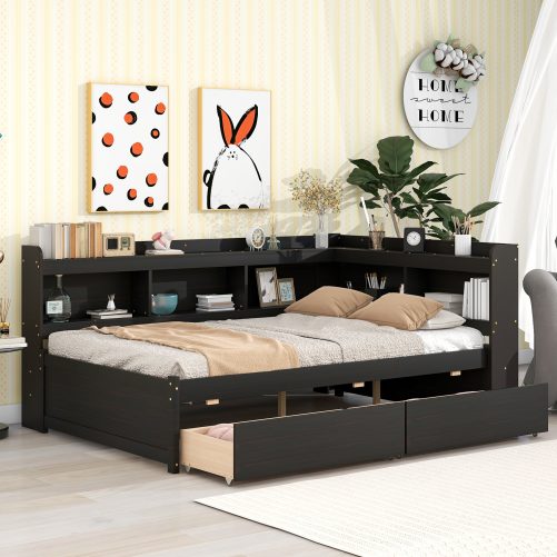 Full Size Daybed With L-Shaped Bookcases and Drawers