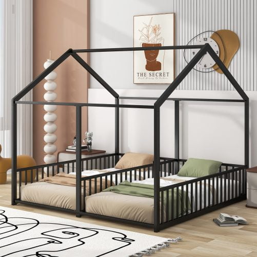 Metal Twin Size House Platform Beds, Two Shared Beds
