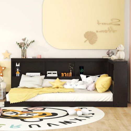 Wood Twin Size Daybed with Storage Cabinets and USB Ports