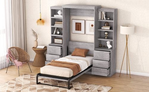Twin Size Murphy Bed with Storage Shelves and Drawers