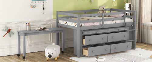 Twin Size Loft Bed With Retractable Writing Desk And 4 Drawers