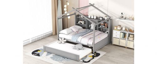 Full Size House Bed with Storage Shelves and Twin Size Trundle