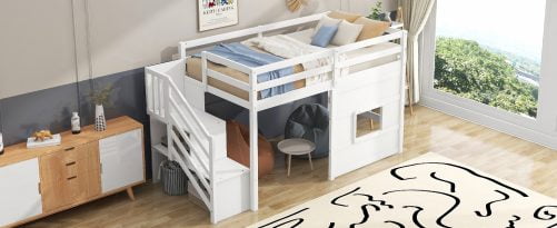 Twin Size Loft Bed with Storage Staircase and Window