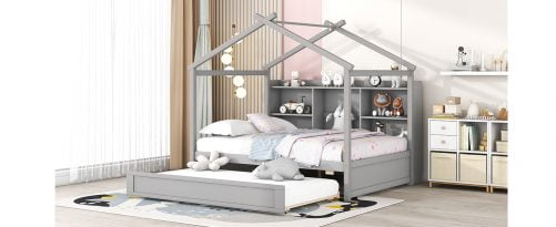 Full Size House Bed with Storage Shelves and Twin Size Trundle