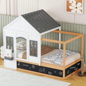 Twin Size House Shaped Canopy Bed with Black Roof and White Window,Blackboard and Little Shelf