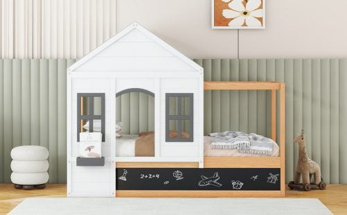 Twin Size House Shaped Canopy Bed with Black Roof and White Window,Blackboard and Little Shelf