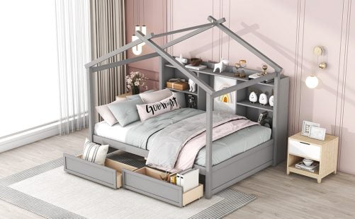 Full Size House Bed With Storage Shelves And 2 Drawers