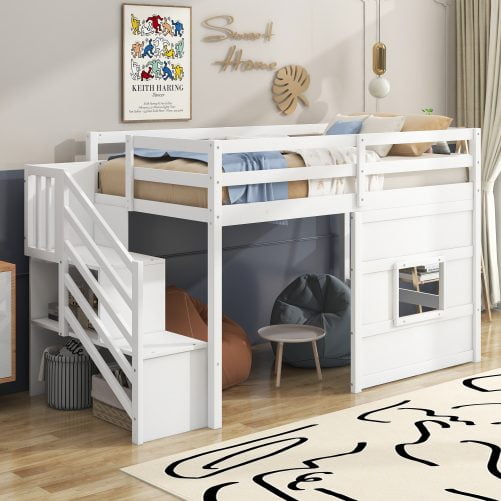 Twin Size Loft Bed with Storage Staircase and Window