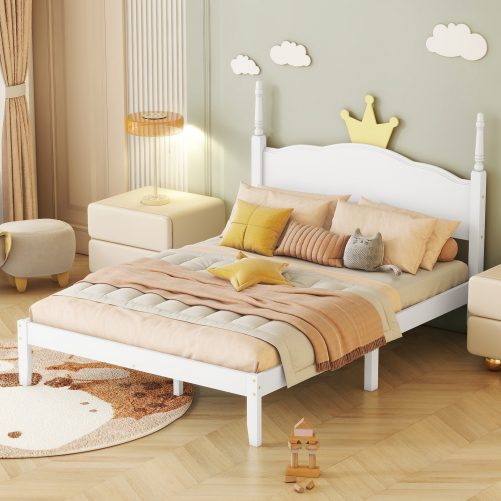 Full Size Wood Platform Bed With Crown Shaped Headboard