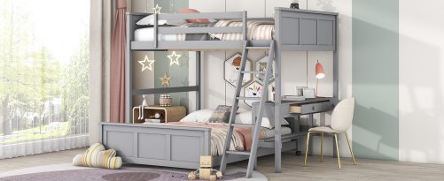 Solid Wood Full Over Full Bunk Bed With Desk and Ladder