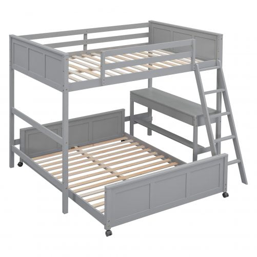 Solid Wood Full Over Full Bunk Bed With Desk and Ladder