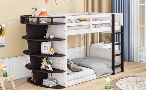 Twin Over Twin Boat-like Shape Bunk Bed With Storage Shelves