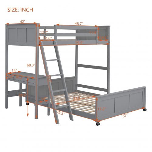 Solid Wood Twin Over Full Bunk Bed With Desk and Ladder
