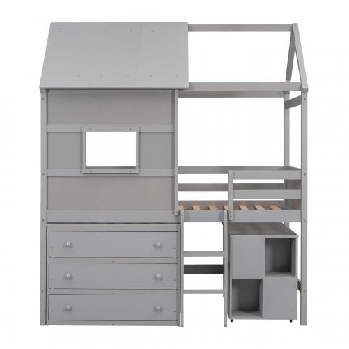 Twin Size House Loft Bed With Storage Desk And 3 Drawer Chest