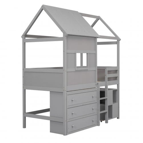 Twin Size House Loft Bed With Storage Desk And 3 Drawer Chest