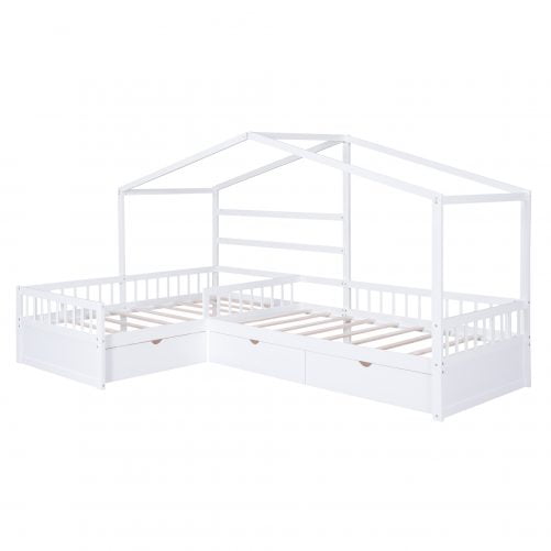 Twin Size House Platform Bed With Three Storage Drawers