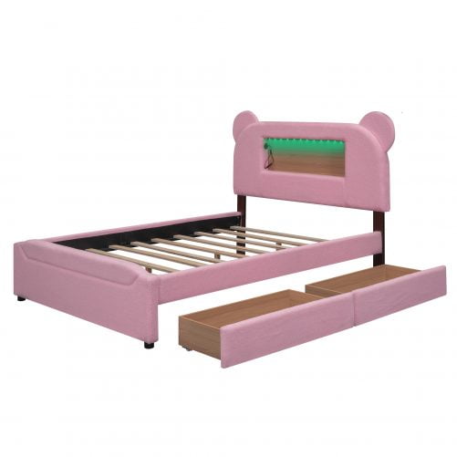 Full Size Upholstered Storage Platform Bed With Cartoon Ears Headboard, LED And USB