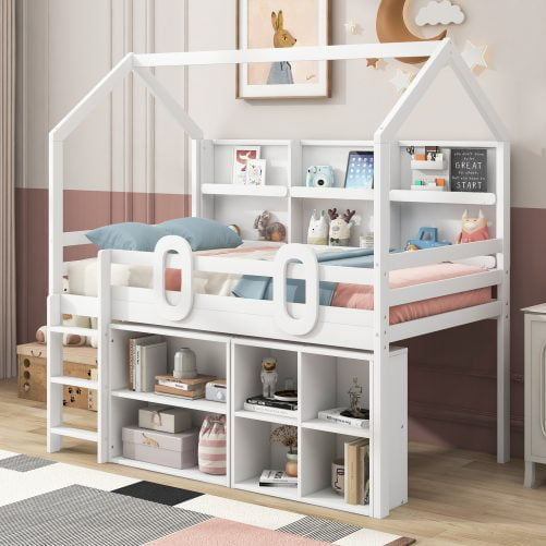 Twin Size House Loft Bed With Multiple Storage Shelves