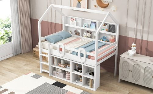 Twin Size House Loft Bed With Multiple Storage Shelves