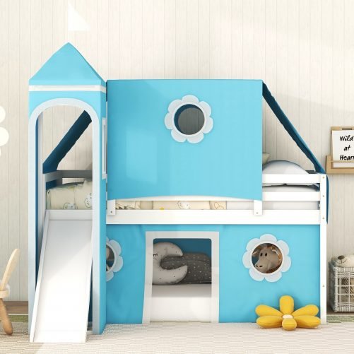 Castle Style Twin Size Bunk Bed With Slide, Tent And Tower