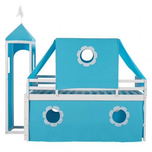 Castle Style Twin Size Bunk Bed With Slide, Tent And Tower