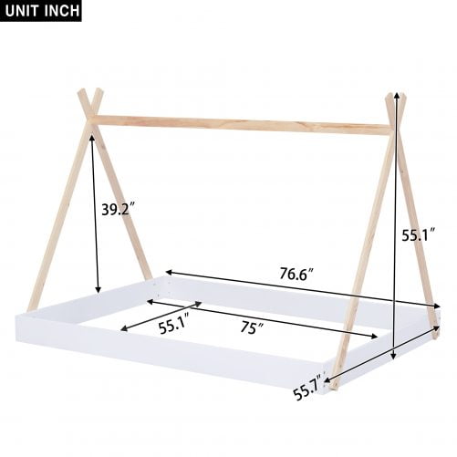Wood Full Size Tent Floor Bed With Triangle Structure
