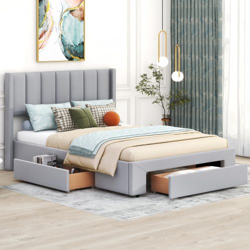 Full Size Upholstered Platform Bed With One Large Drawer In The Footboard And Drawer On Each Side