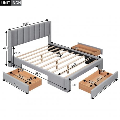 Full Size Upholstered Platform Bed With One Large Drawer In The Footboard And Drawer On Each Side