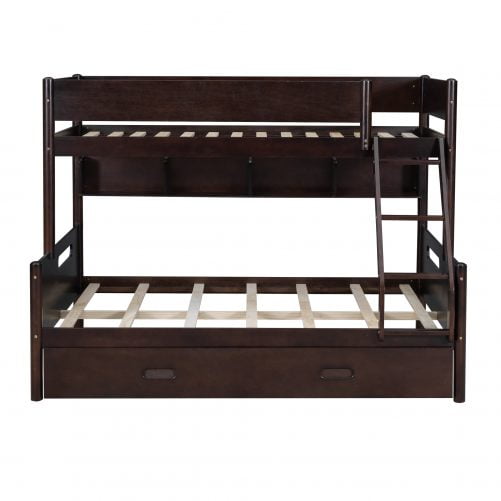 Wood Twin over Full Bunk Bed with Storage Shelves and Twin Size Trundle