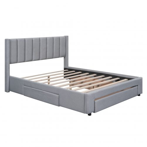 Queen Size Upholstered Platform Bed with One Large Drawer in the Footboard and Drawer on Each Side