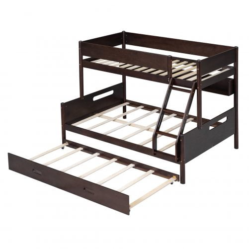 Wood Twin over Full Bunk Bed with Storage Shelves and Twin Size Trundle