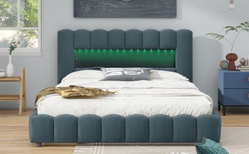 Queen Size Upholstered Platform Bed with LED Headboard and USB