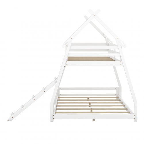 Twin over Queen House Bunk Bed with Climbing Nets and Climbing Ramp