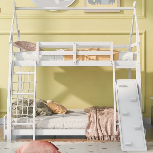 Twin over Queen House Bunk Bed with Climbing Nets and Climbing Ramp