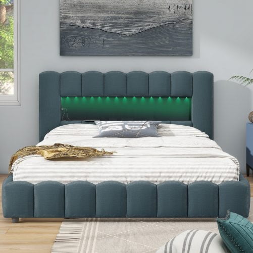 Queen Size Upholstered Platform Bed with LED Headboard and USB