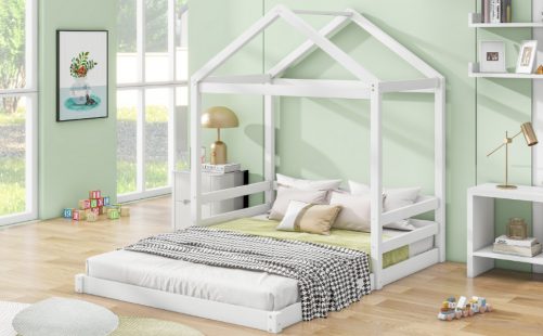 Wood Full Size House Bed with Guardrail