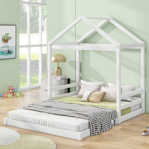 Wood Full Size House Bed with Guardrail