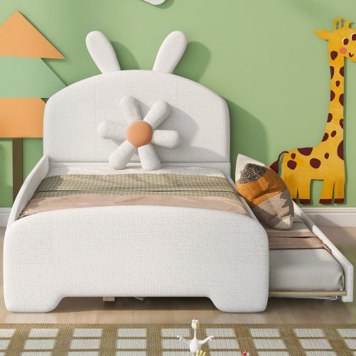 Twin Size Upholstered Platform Bed With Cartoon Ears Shaped Headboard And Trundle