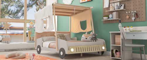 Wood Full Size Car Bed with Pillow, Ceiling Cloth and LED