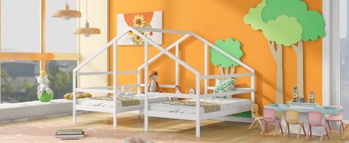 Double Twin Size Triangular House Bed with Built-in Table