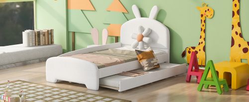 Twin Size Upholstered Platform Bed With Cartoon Ears Shaped Headboard And Trundle
